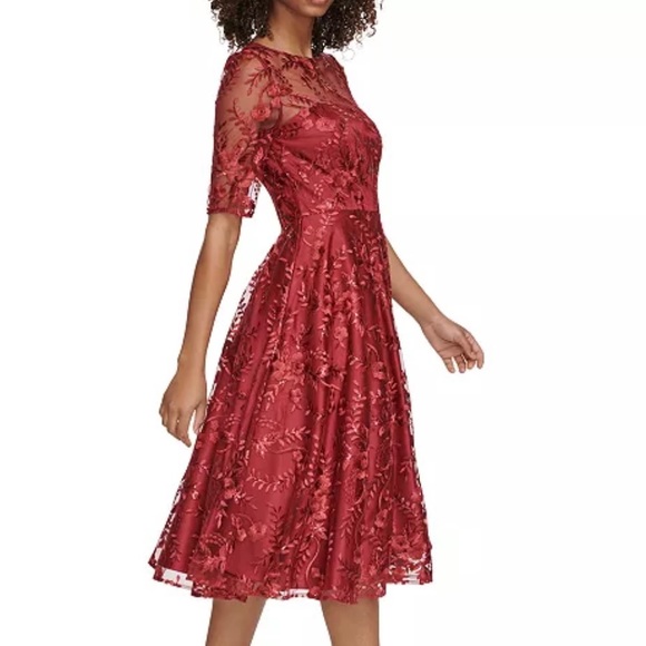 Eliza J Women's Embroidered Elbow-Sleeve Red Dress - Picture 1 of 4